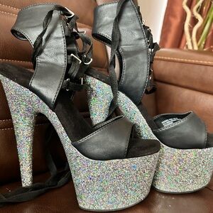 Pleasure Adore-700-14LG Black Glitter Platform Heels